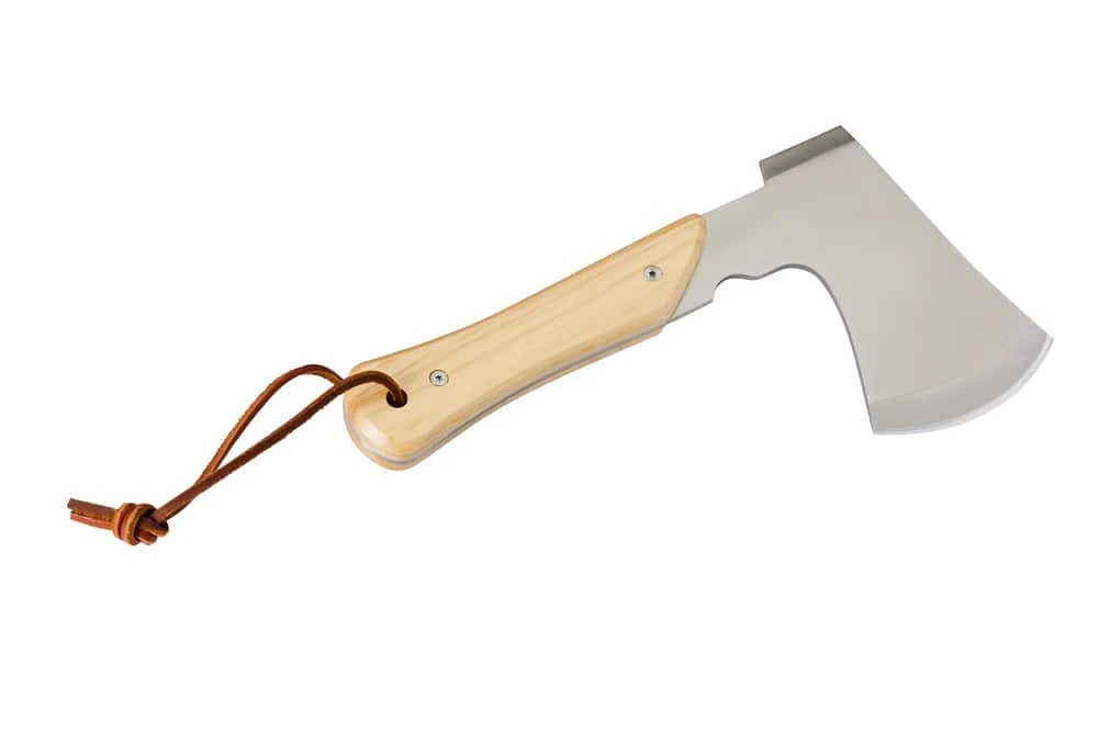 Woods Mini Pack Axe, Steel Single-Bit Hatchet Axe W/ Wooden Handle, Leather Sheath & Strap - Image 3
