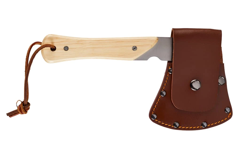 Woods Mini Pack Axe, Steel Single-Bit Hatchet Axe W/ Wooden Handle, Leather Sheath & Strap - Image 2